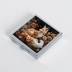 Floral Fox Pattern Square Pill Organizer 4 Compartment Medicine Box Metal Case