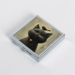 Cat & Bird Illustration Pill Box 4 Compartment Mini Portable Med
