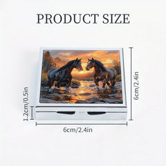 Horse Print Square Pill Case 4 Compartment Mini Portable Medicine Box