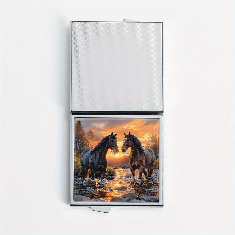 Horse Print Square Pill Case 4 Compartment Mini Portable Medicine Box