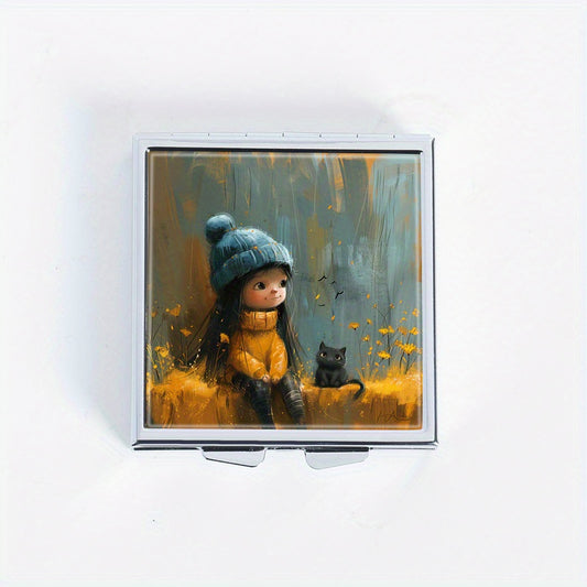 Cat & Girl Print 4 Compartment Pill Organizer Metal Case for Travel