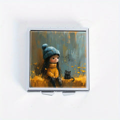 Cat & Girl Print 4 Compartment Pill Organizer Metal Case for Travel