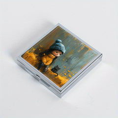 Cat & Girl Print 4 Compartment Pill Organizer Metal Case for Travel