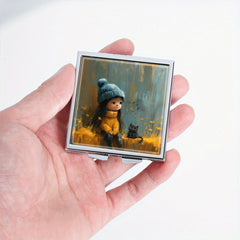 Cat & Girl Print 4 Compartment Pill Organizer Metal Case for Travel