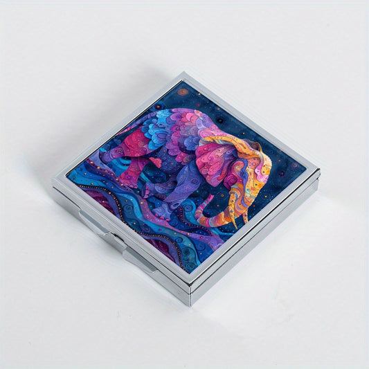 Colorful Elephant Print Square Pill Organizer 4 Compartment Metal Case