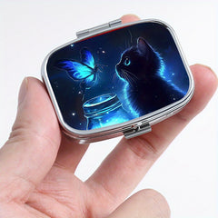 Cat Print Metal Pill Box with Dual Compartments for Travel Outdoor Activities