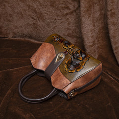 Vintage Floral Embossed Handbag for Women Large Capacity Deep Brown