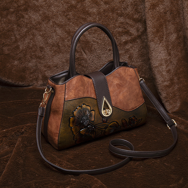 Vintage Floral Embossed Handbag for Women Large Capacity Deep Brown