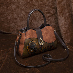 Vintage Floral Embossed Handbag for Women Large Capacity Deep Brown