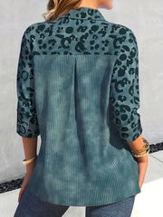 Colorblock Leopard Print Ribbed Button Up Collar Shirt