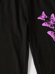 Girls Purple Butterfly High Waist Sweatpants
