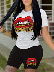 Lips Print 2pc T Shirt Set Short Sleeve Tee & Shorts Casual Outfit