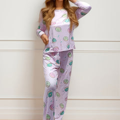 Donut Print Pajama Set Long Sleeve Crew Neck Top & Elastic Waistband Pants Women