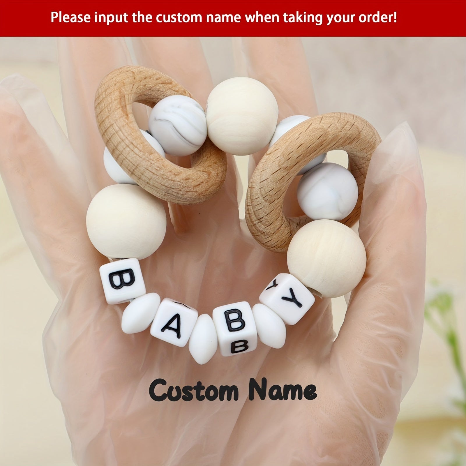 Personalized Name Rattle with Silicone Beads Teething Toy