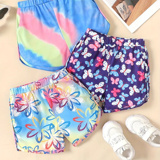 Kid Girls Tie Dye Floral & Butterfly Print Casual Shorts