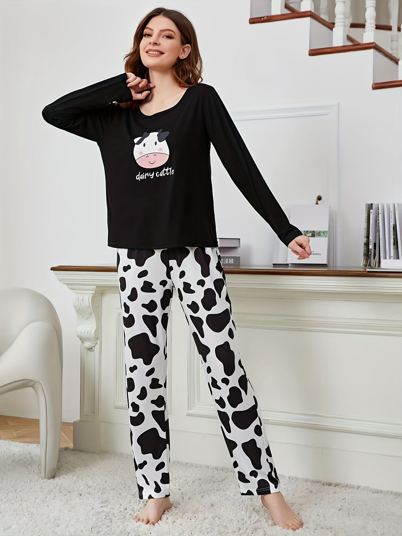 Cow Print Lounge Set Crew Neck Top & Pants Women's Loungewear