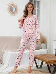 Heart Print Pajama Set Long Sleeve V Neck Buttons Top & Lounge Pants