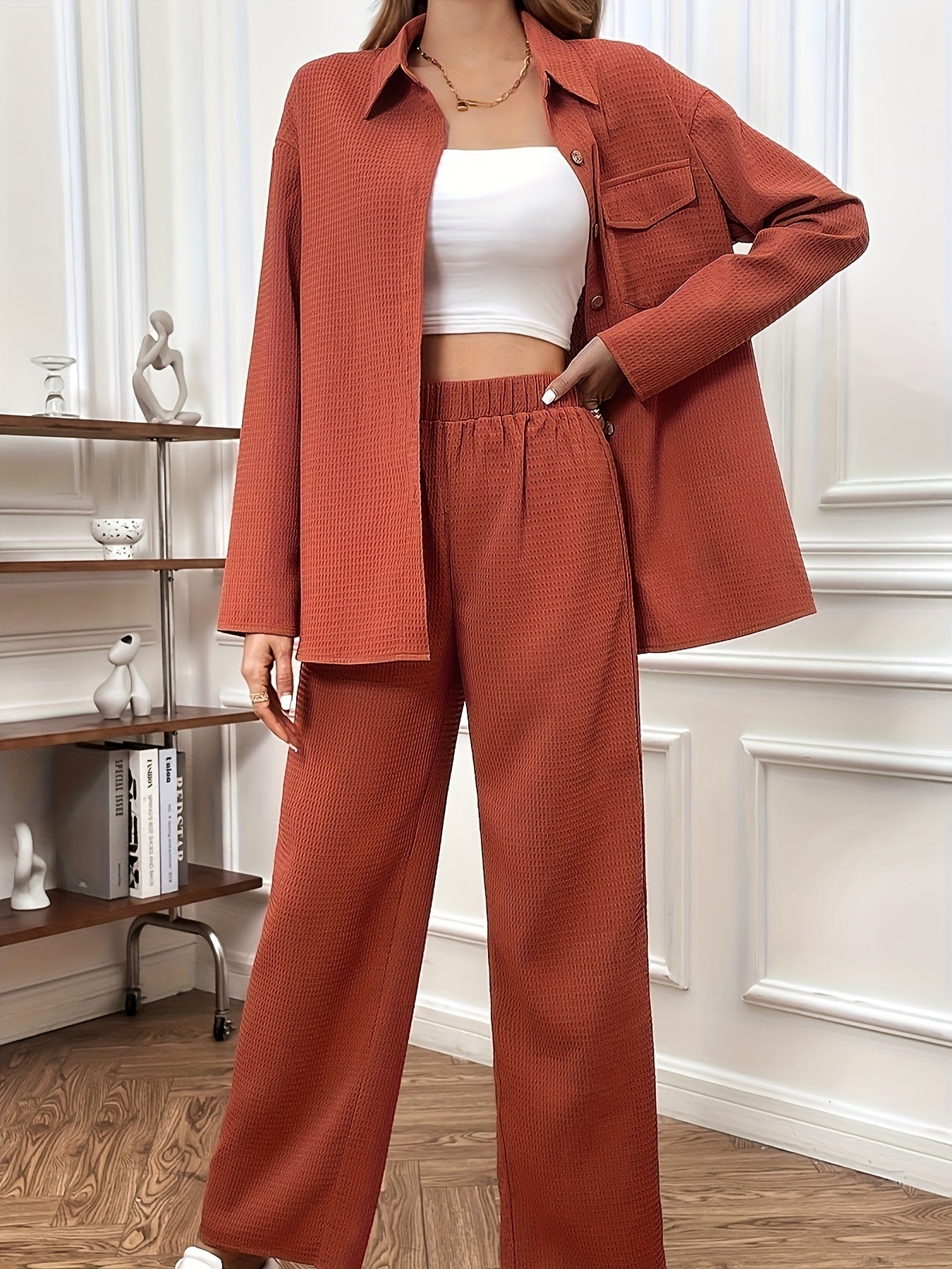 Solid Waffle 2pc Set Drop Shoulder Shirt & High Waist Pants Outfit