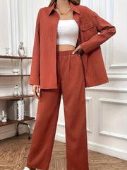 Solid Waffle 2pc Set Drop Shoulder Shirt & High Waist Pants Outfit