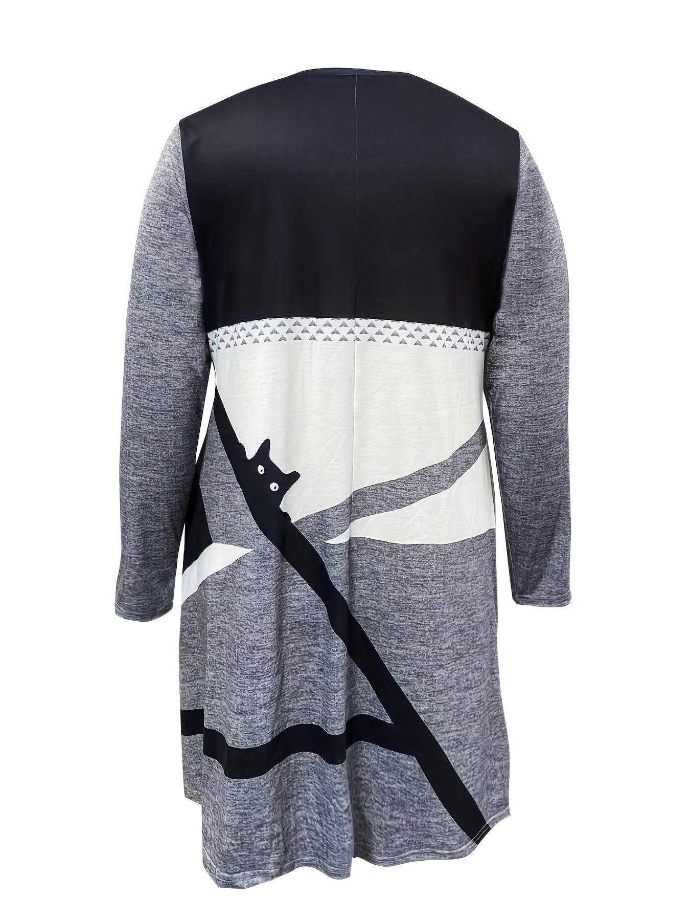 Plus Geo & Cat Print Long Sleeve Round Neck Dress