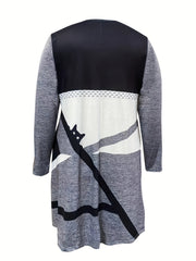 Plus Geo & Cat Print Long Sleeve Round Neck Dress