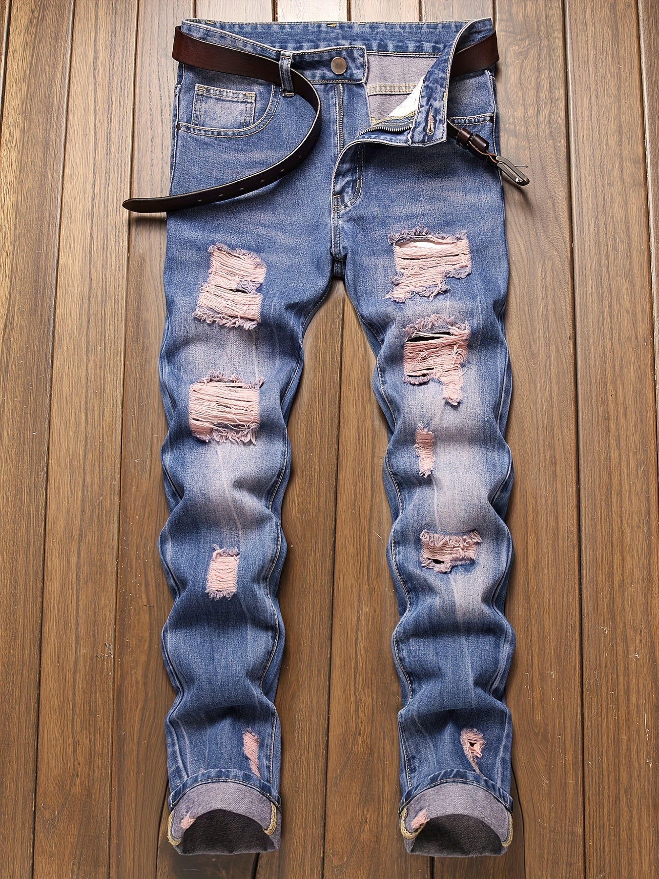 Slim Fit Ripped Jeans Men's Casual Street Style Distressed Denim Pants