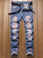 Slim Fit Ripped Jeans Men's Casual Street Style Distressed Denim Pants