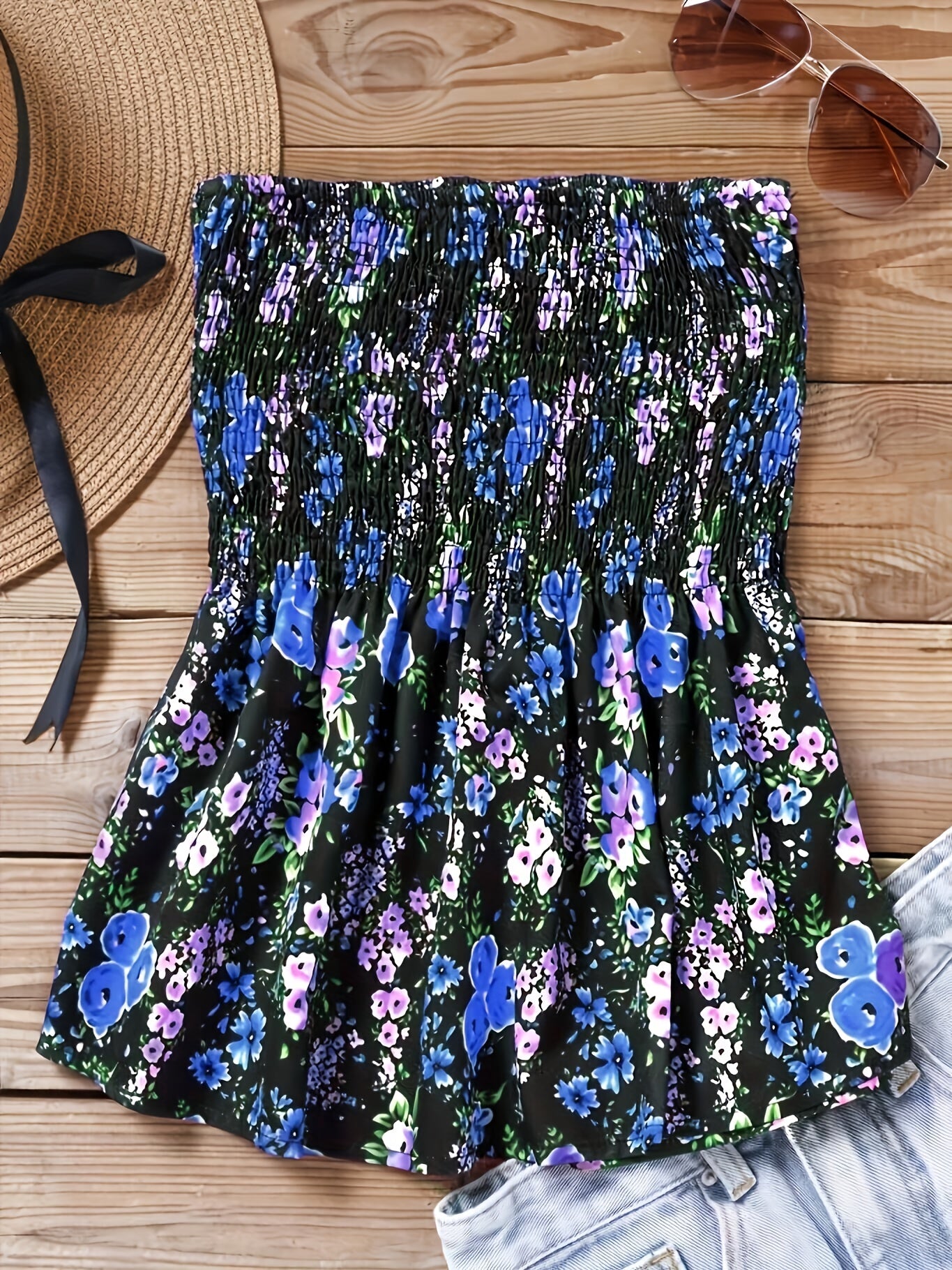 Floral Print Shirred Tube Top Sexy Backless Top