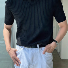 Knit Short Sleeve Polo Shirt V-Neck Button Up Casual Top Men's Tee