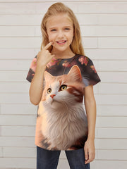 Fancy Cat Graphic Short Sleeve T-shirt for Girls