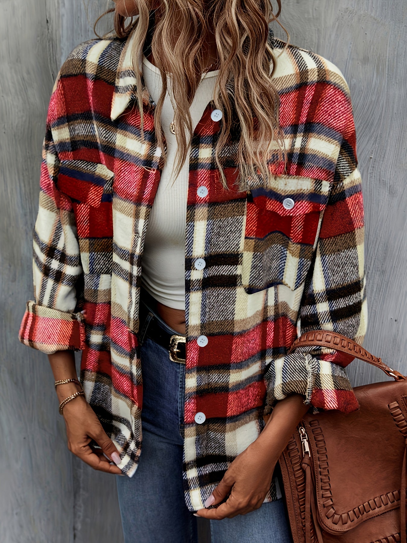 Button Plaid Drop Shoulder Jacket for Fall & Winter
