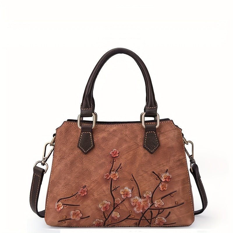 Vintage Floral Top Grain Leather Handbag Red & Coffee