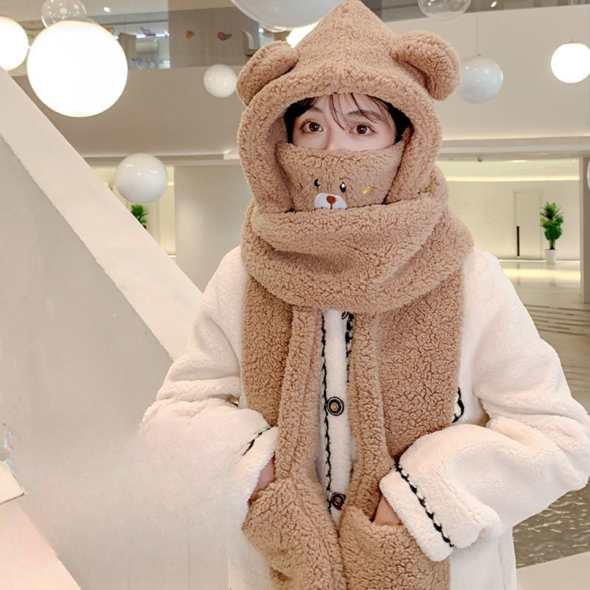 Bear Hooded Scarf Mask Gloves Set for Adults Winter Wear