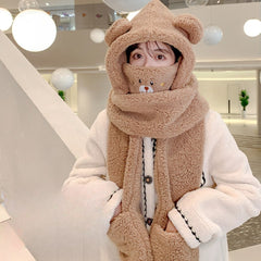 Bear Hooded Scarf Mask Gloves Set for Adults Winter Wear