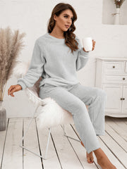 Plush Pajama Set Long Sleeve Crew Neck Top & Pants