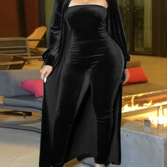 Velvet Jumpsuit & Coat Fuzzy Set Women's Plus Solid Slight Stretch