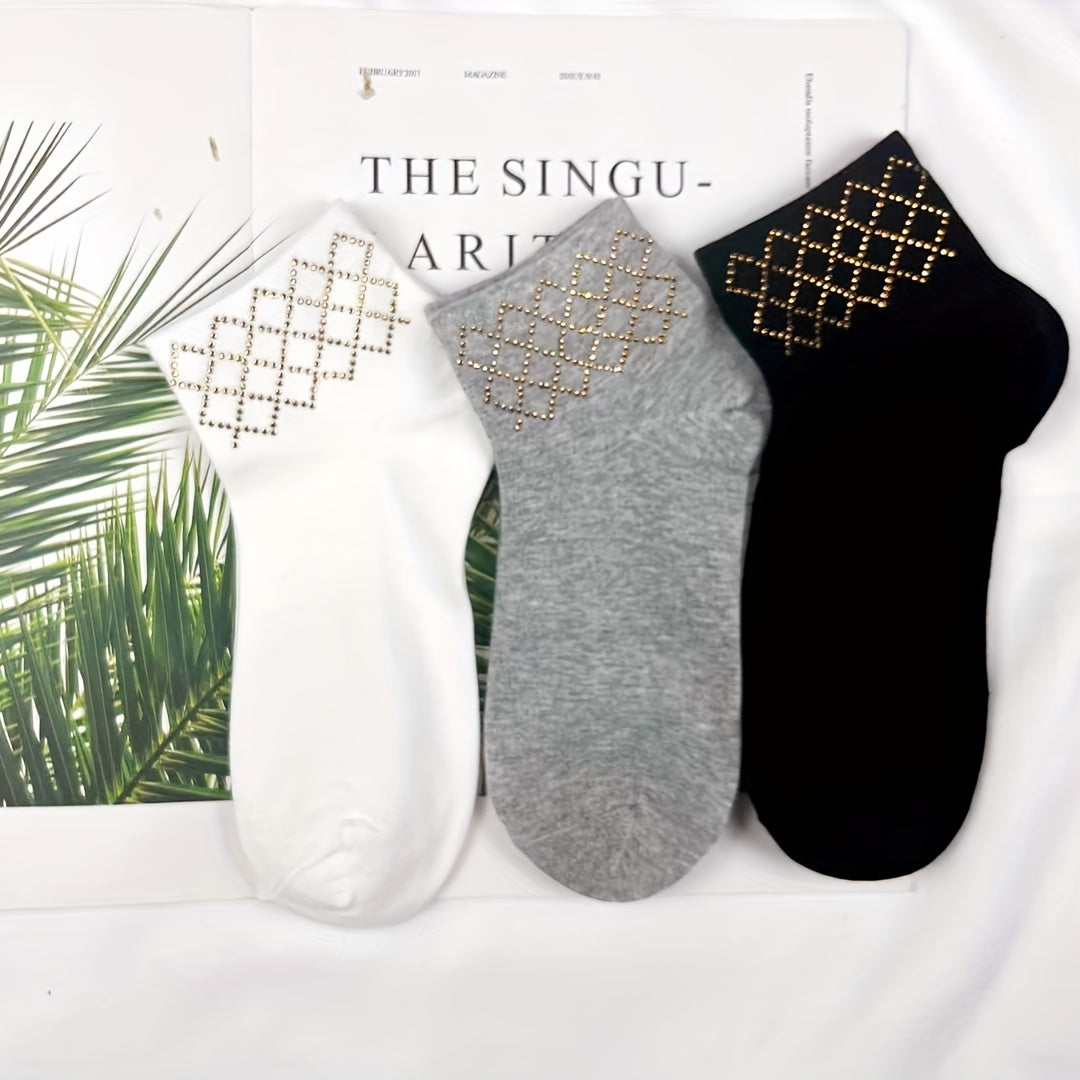 5 Pairs Argyle Rhinestone Crew Socks for Women