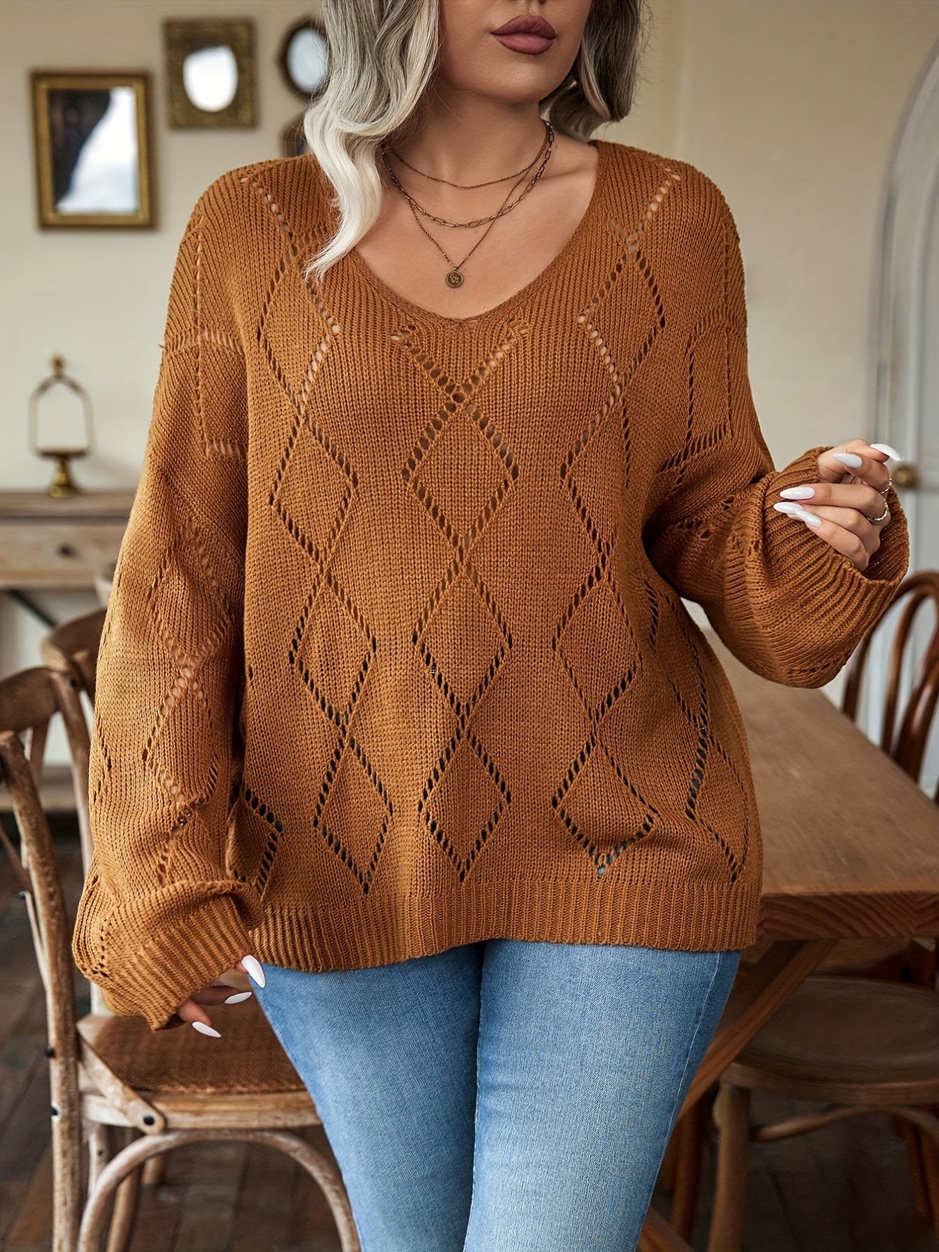 Solid Pointelle Long Sleeve V Neck Sweater