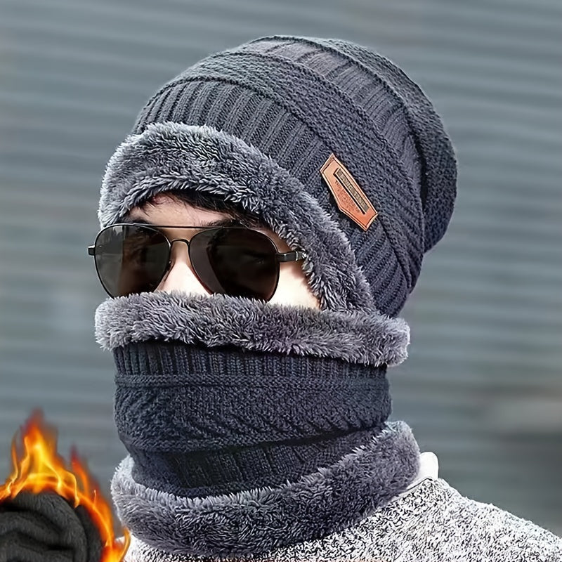 2pcs Men's Woolen Knit Hat & Neck Warmer Set