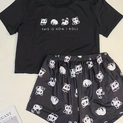 Cartoon Panda Print Pajamas Set Women's 2pcs Lou,
