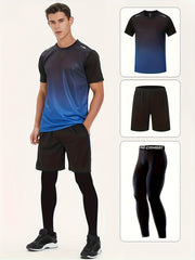 Men's Gradient T-shirt Active Shorts Leggings Set for Basketball Fitness