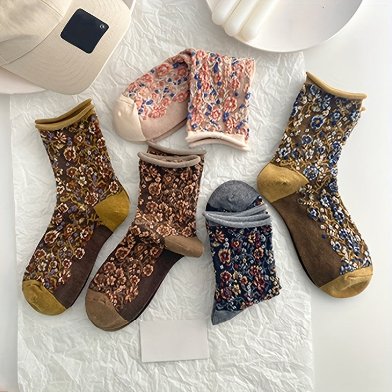 5 Pairs Floral Print Curling Socks Women's Mid Tube Stockings