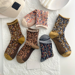 5 Pairs Floral Print Curling Socks Women's Mid Tube Stockings