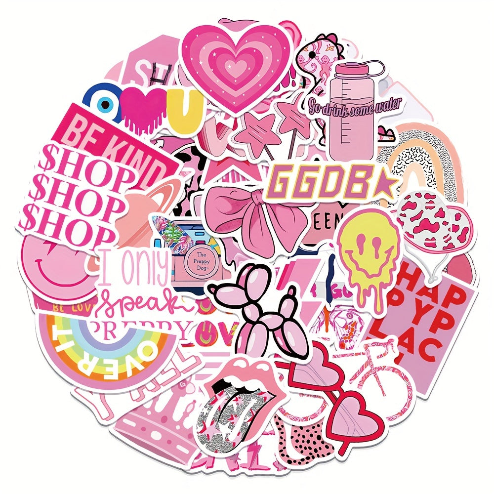 50 Pink College Style Stickers for Notebook, Phone Case, Cup, Luggage