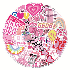 50 Pink College Style Stickers for Notebook, Phone Case, Cup, Luggage