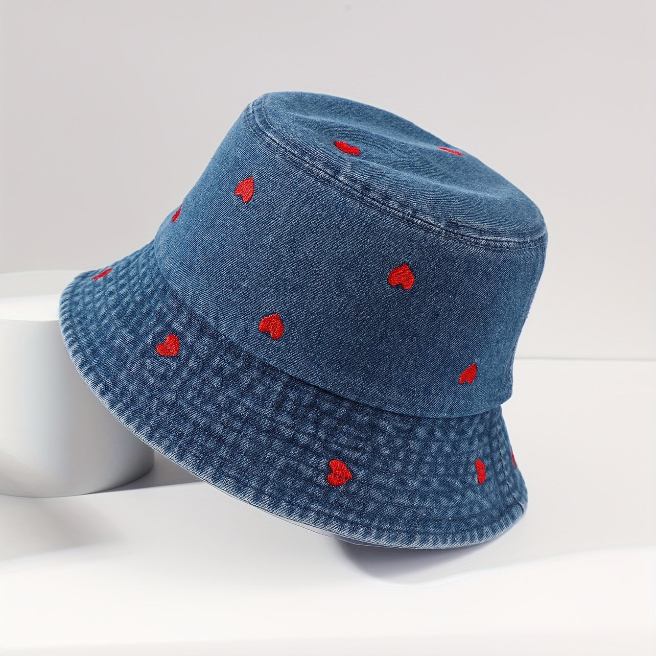 Heart Embroidered Bucket Hat Washed Distressed Denim Fisherman Cap