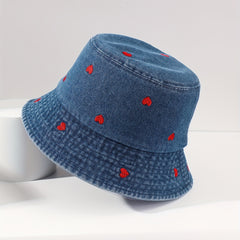 Heart Embroidered Bucket Hat Washed Distressed Denim Fisherman Cap