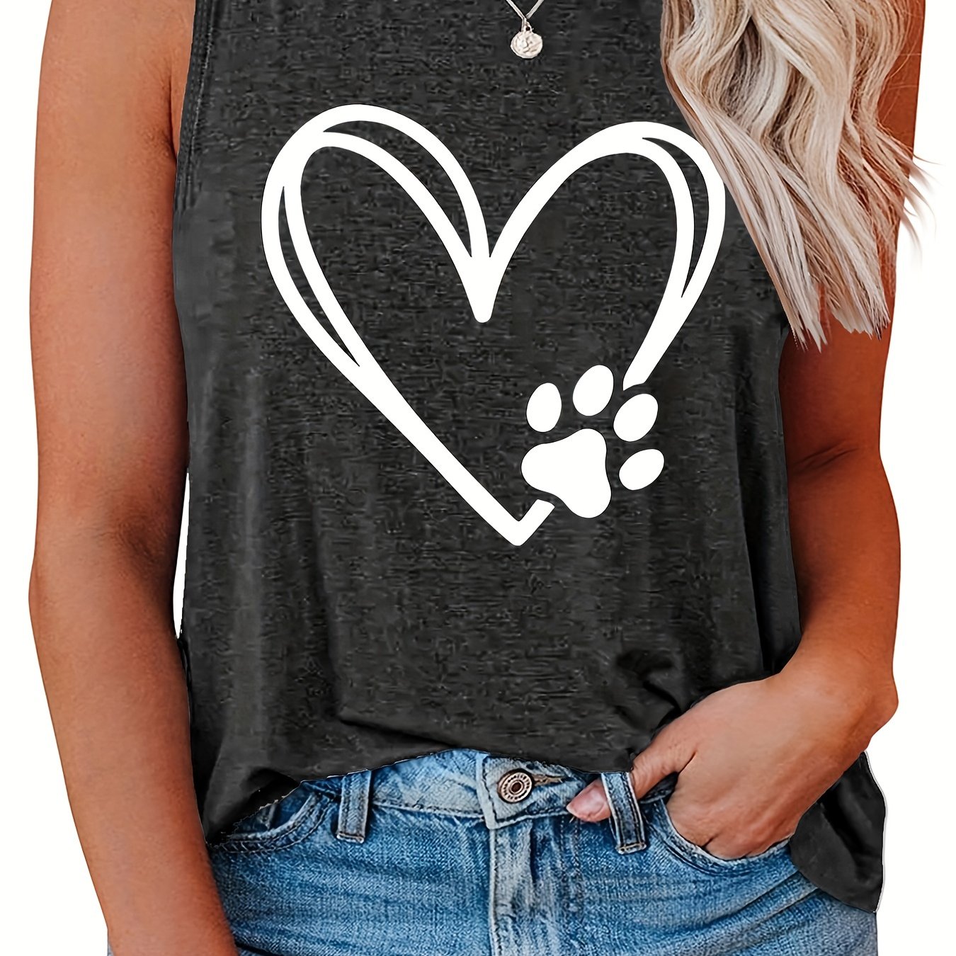 Heart & Paw Print Round Neck Tank Top