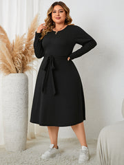 Solid Jacquard Long Sleeve Midi Dress With Belt