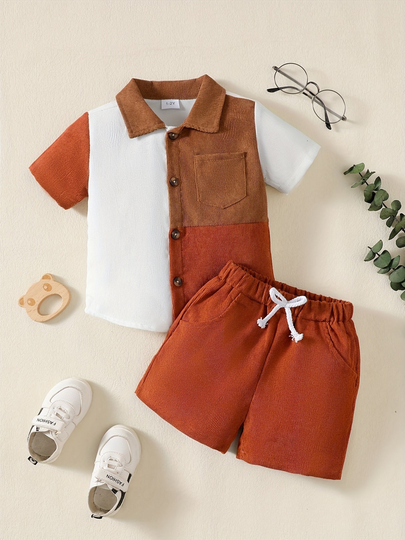 Boys Block Outfit Shorts & Shirt Short Sleeves Button Drawstring Waist